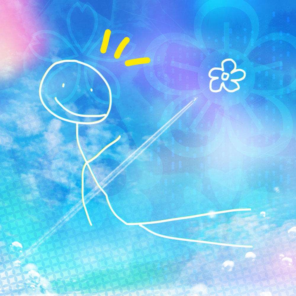A bright blue sky with smears of pink and green. An airplane leaves a trail. There are five-petal flower symbols. A white doodle of a stick figure is laying down and smiling in the sky.