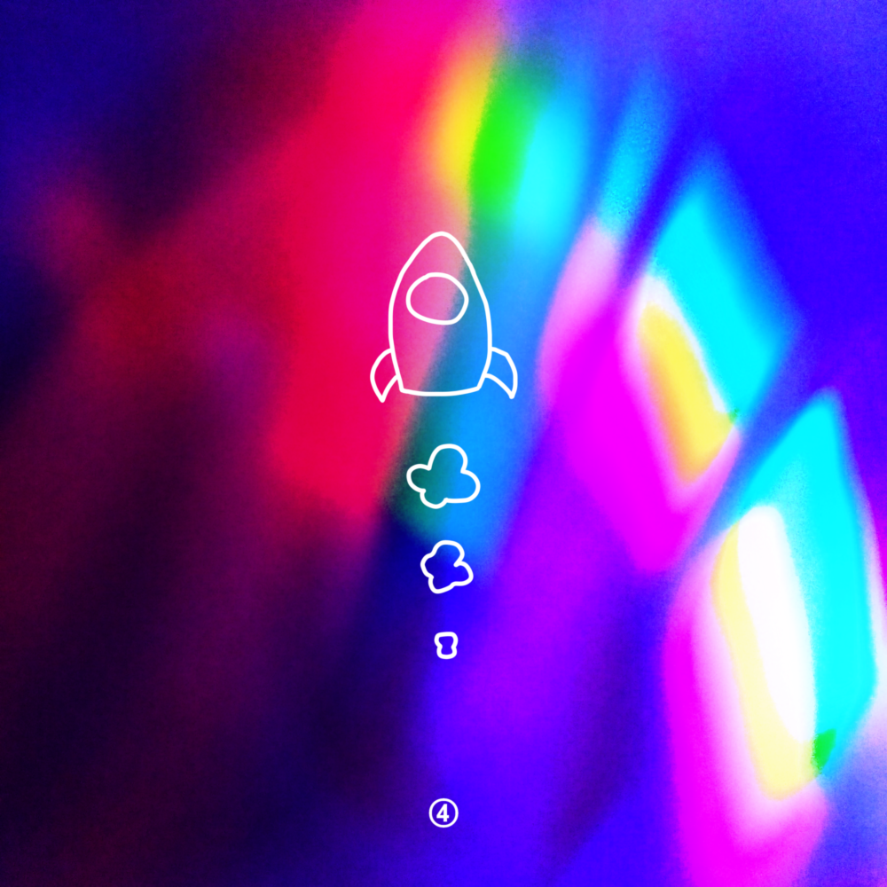 An abstract blue and red background, with a doodle of a spaceship taking off.