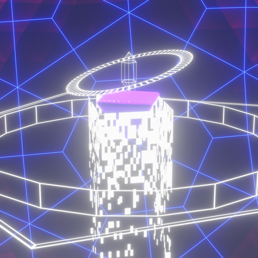 A wireframe crystal is surrounded by spinning white disks, sitting on top of a purple inverted pyramid and decomposing white poylgons. Blue lasers fire in the distance.