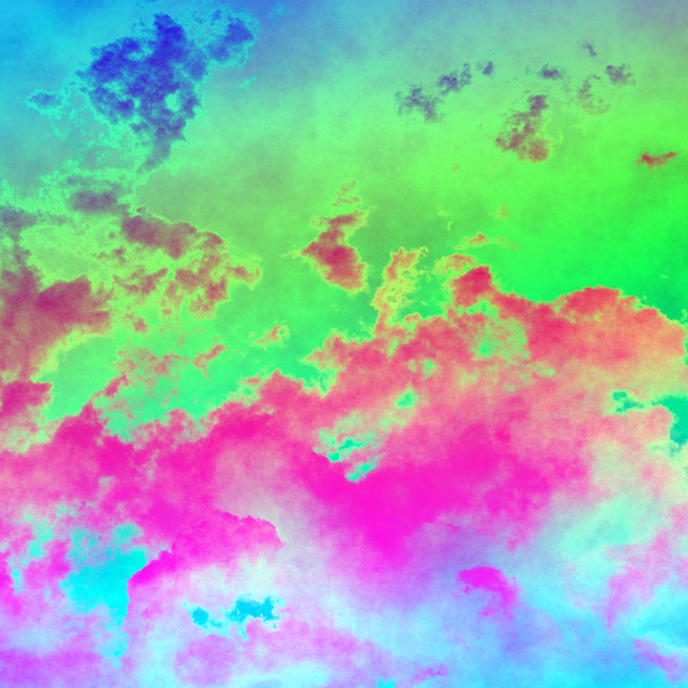 A cloudy sky that has been recolored to psychedelic blue, green, and pink colors.