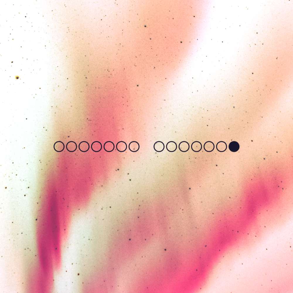 A white sky with orange auroras. There are fourteen black circles in the foreground.