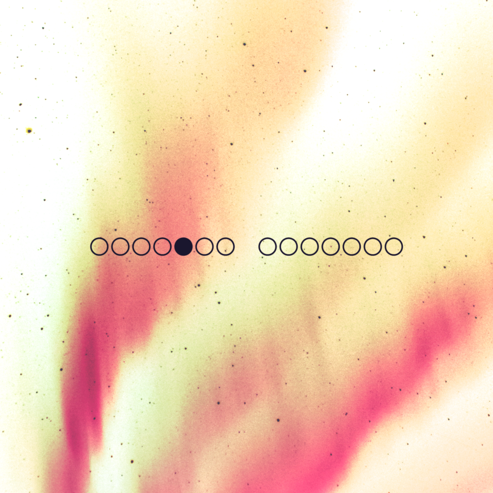 A white sky with orange and yellow auroras. There are fourteen black circles in the foreground.