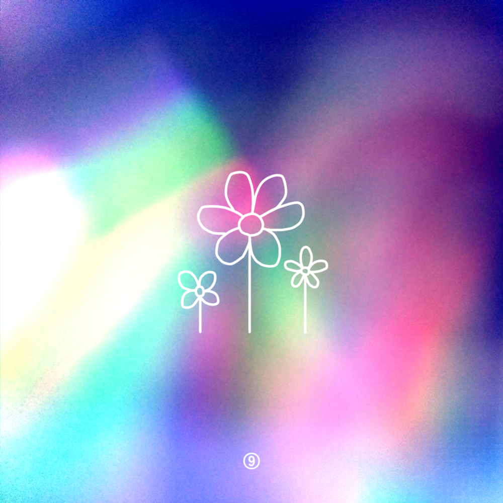 An abstract blue and white background, with a doodle of a flower.