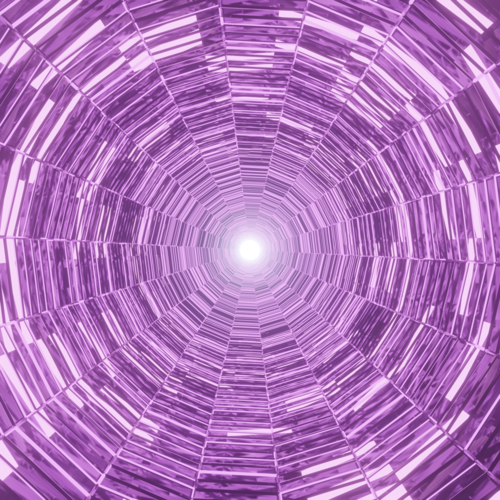 A shiny purple circular tunnel with glowing white panels lit up. The back of the tunnel is a glowing white wall.