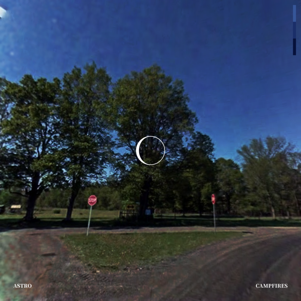 A grainy photograph at a three-way intersection with stop signs in a park. A graphic of a waning crescent moon is in the center.