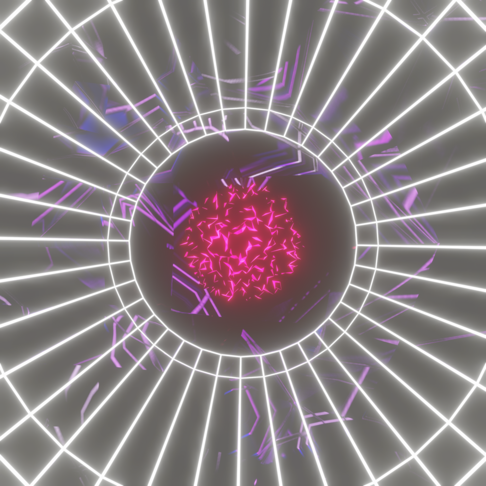 A spiky, glowing pink sphere sits in the middle of a glowing white wireframe cylinder. Dark, reflective purple polygons are in the background.