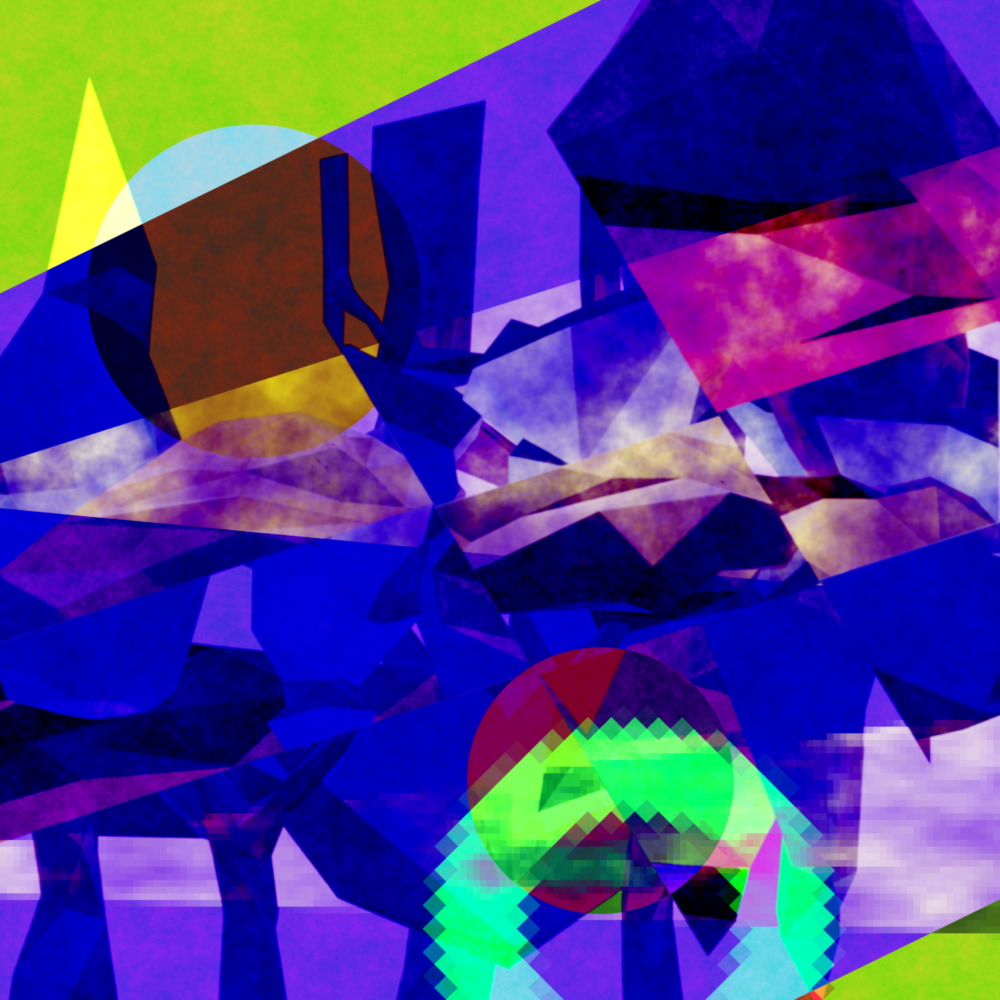 An abstract collage of bright blue and lime green geometric forms.