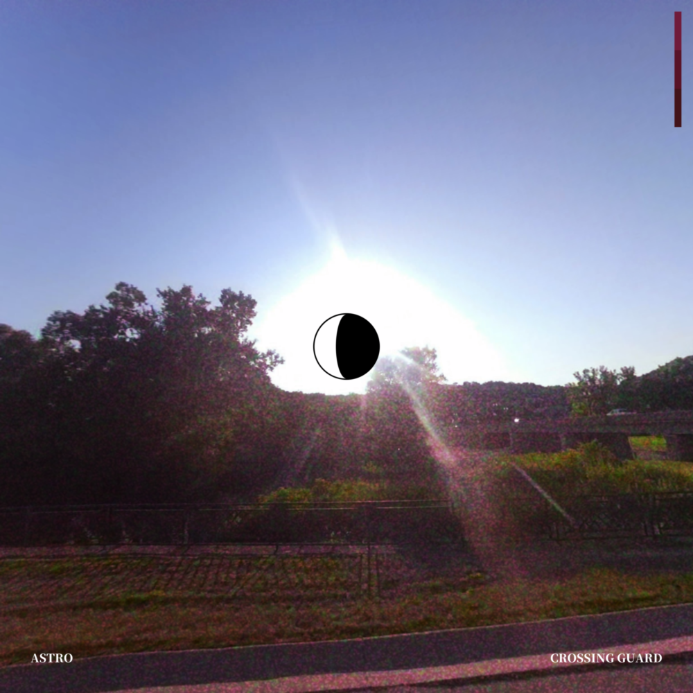 A grainy photograph overlooking a bridge and some trees, with the camera pointed straight at the sun. A graphic of a waxing gibbous moon is in the center.