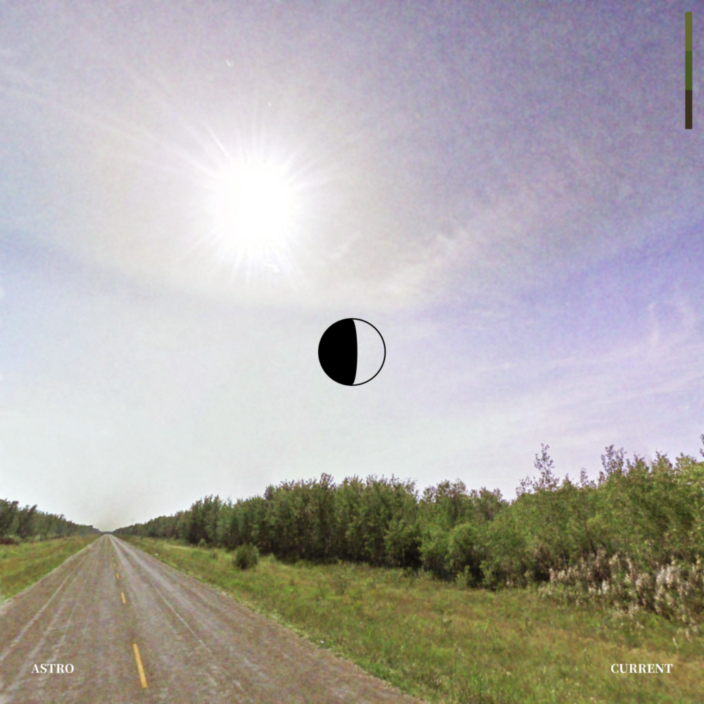 A grainy photograph looking down an endless two-lane road, surrounded by small trees on either side. A graphic of a waning gibbous moon is in the center.
