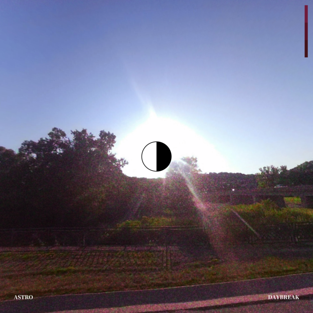 A grainy photograph overlooking a bridge and some trees, with the camera pointed straight at the sun. A graphic of a first quarter moon is in the center.