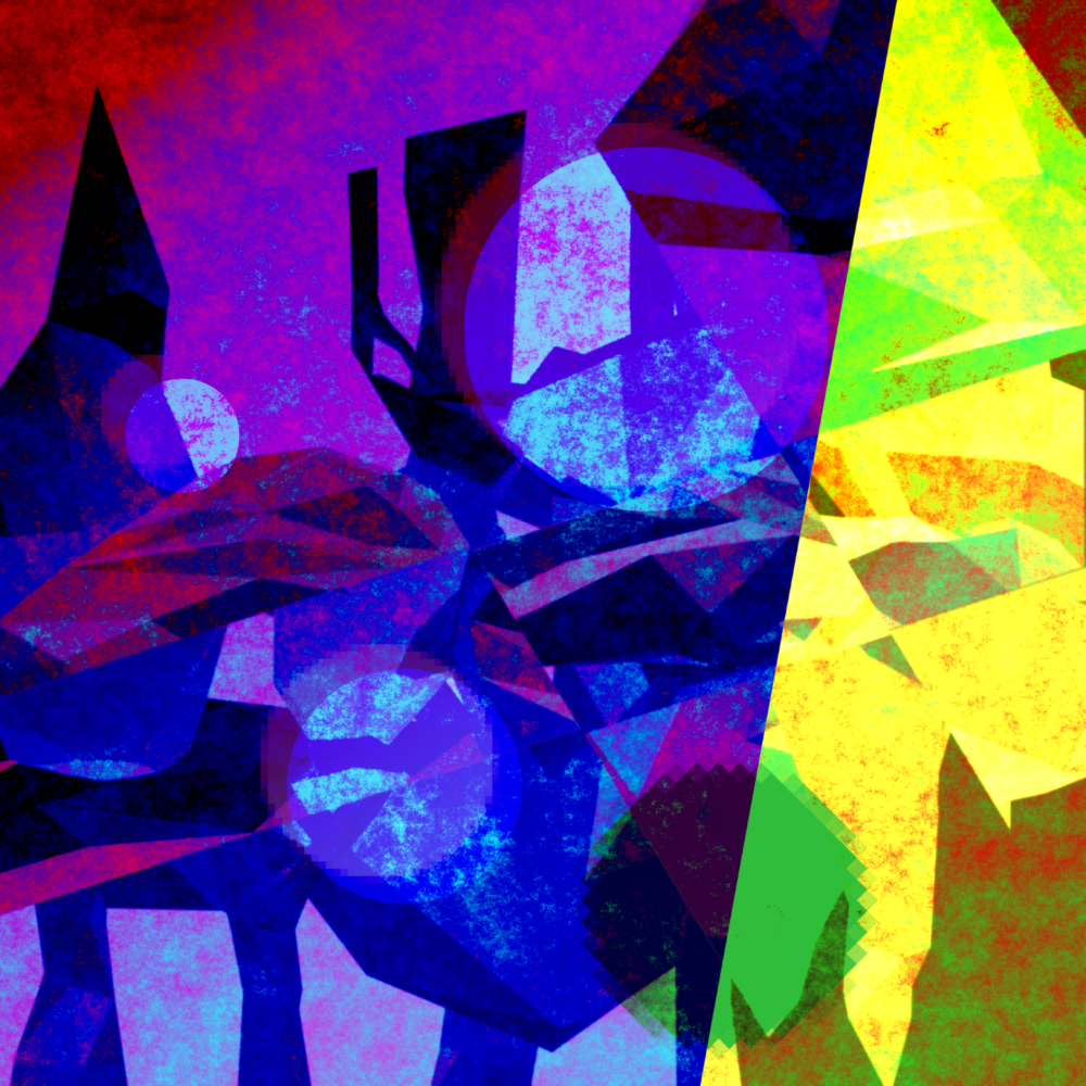 An abstract collage of bright blue and lime green geometric forms.