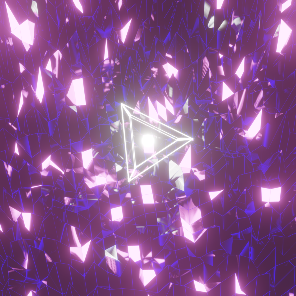 A spiky field of polygons with blue outlines. Some polygons are glowing pink and white. In the center, a floating white orb is surrounded by a glowing white wireframe triangle.