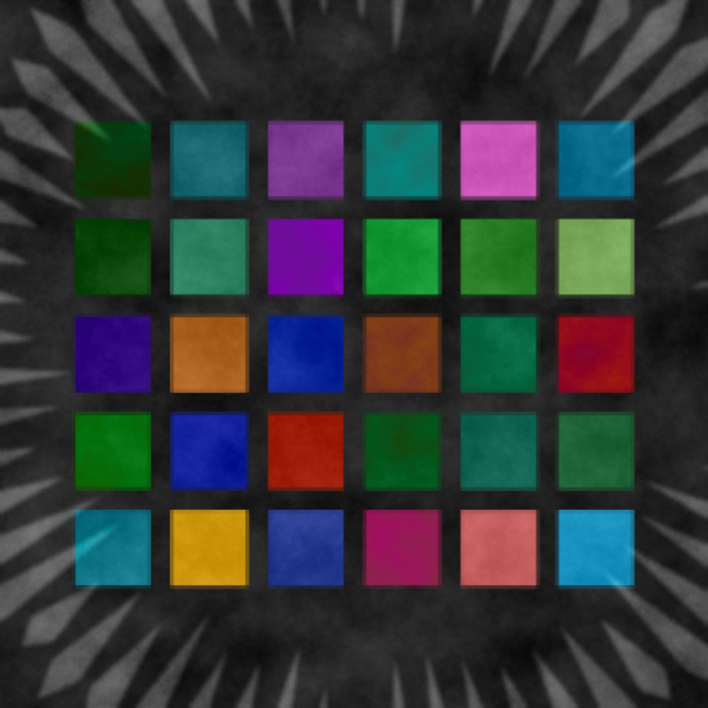 A black background with thirty squares arranged neatly into a grid. Each square has a distinct color.