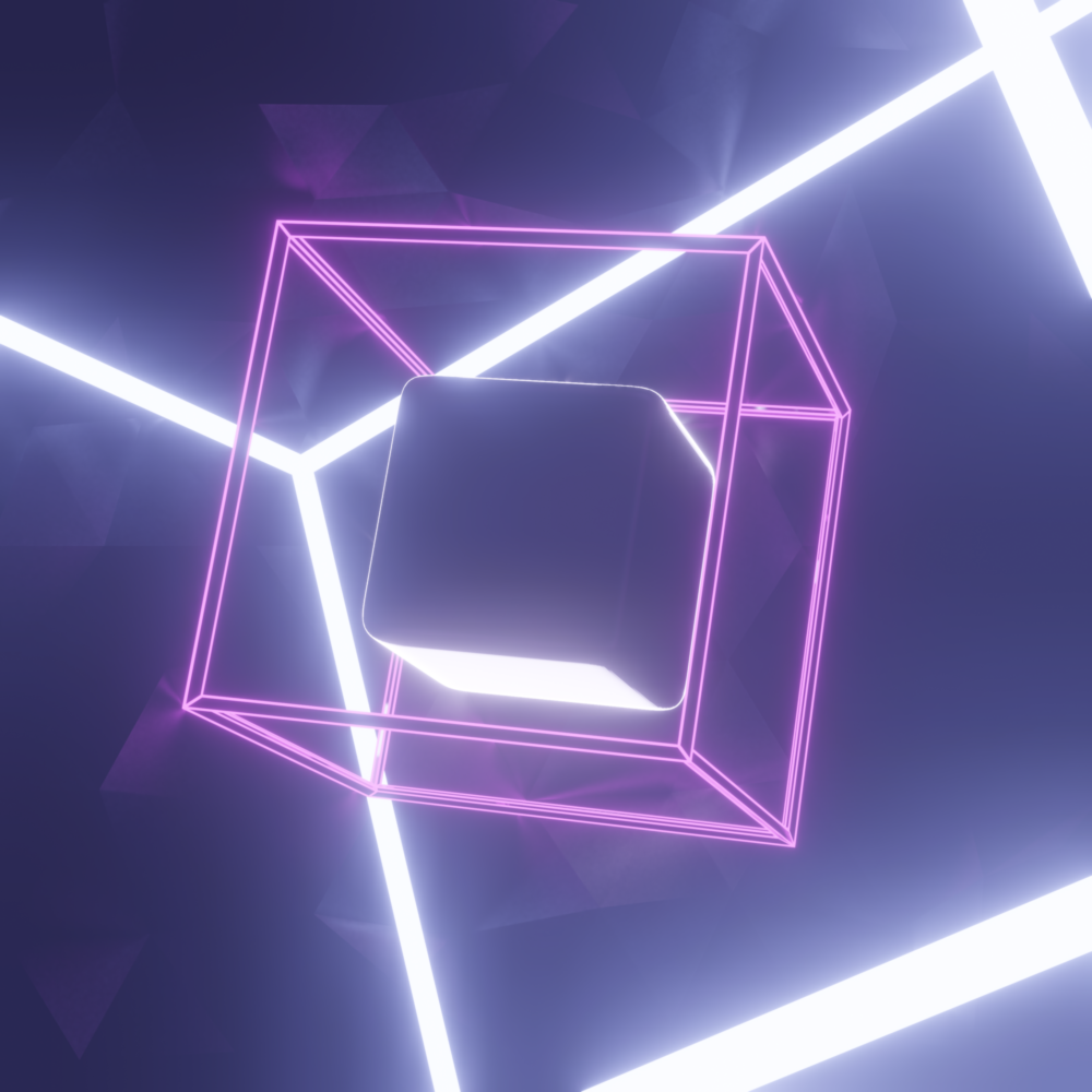 A gray cube with smoothed edges sits inside of a pink wireframe cube. White lasers fire in front of and behind these cubes.