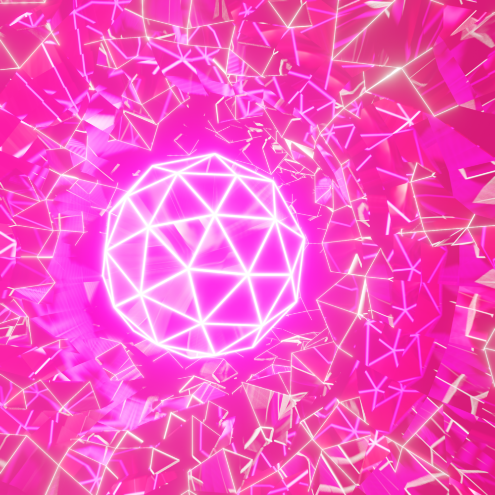 A pink polyhedron with glowing white edges floats in a pink tunnel of polygons.