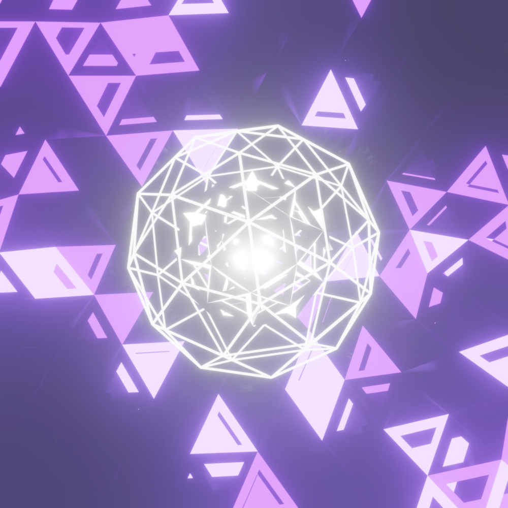 A sphere hovers in front of glowing polygons colored purple and white. The sphere contains wireframe spheres inside of wireframes spheres, each glowing silver and white.