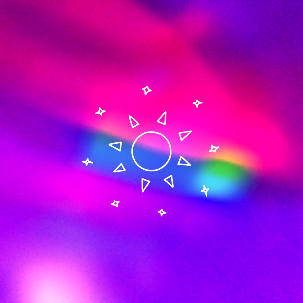 An abstract purple and pink background, with a doodle of a shining sun.