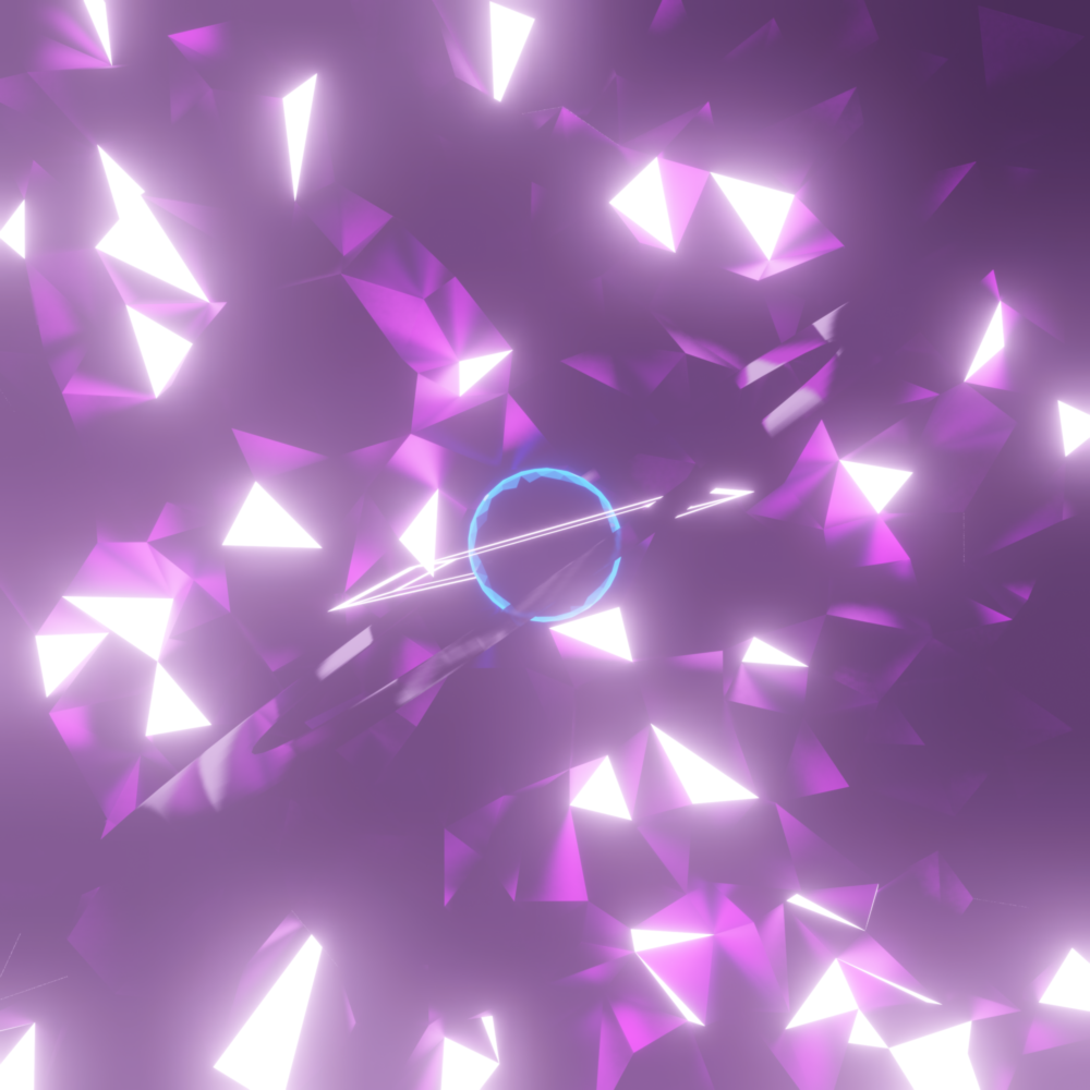 A sphere with a glowing blue outline is surrounded by a glowing ring and a reflective ring. It sits in front of a purple polygonal surface with glowing panels.