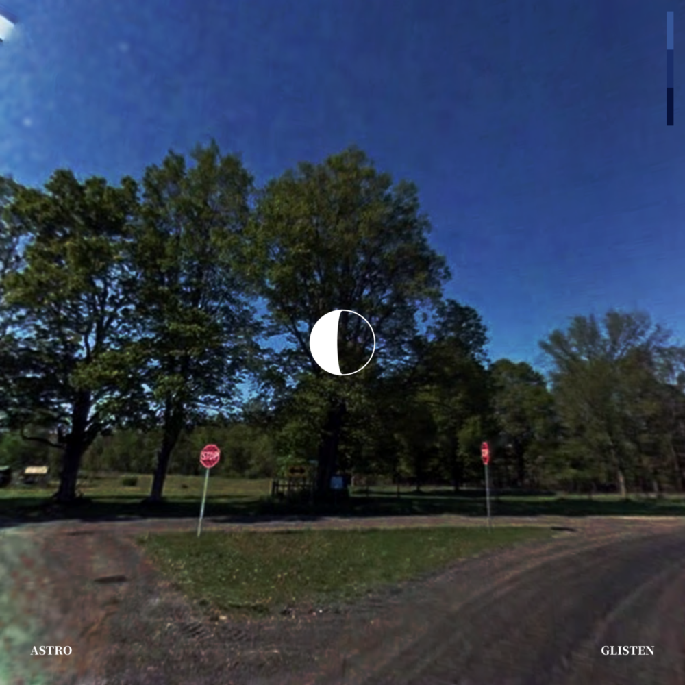 A grainy photograph at a three-way intersection with stop signs in a park. A graphic of a waning crescent moon is in the center.