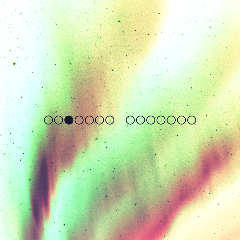 A white sky with green and yellow auroras. There are fourteen black circles in the foreground.