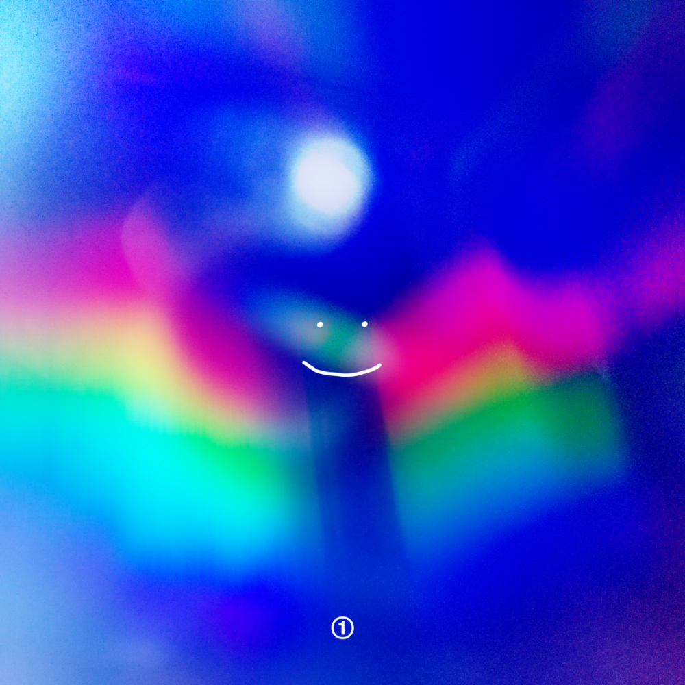 An abstract blue background, with a doodle of a smiley face.