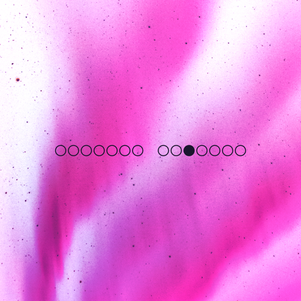 A white sky with magenta auroras. There are fourteen black circles in the foreground.