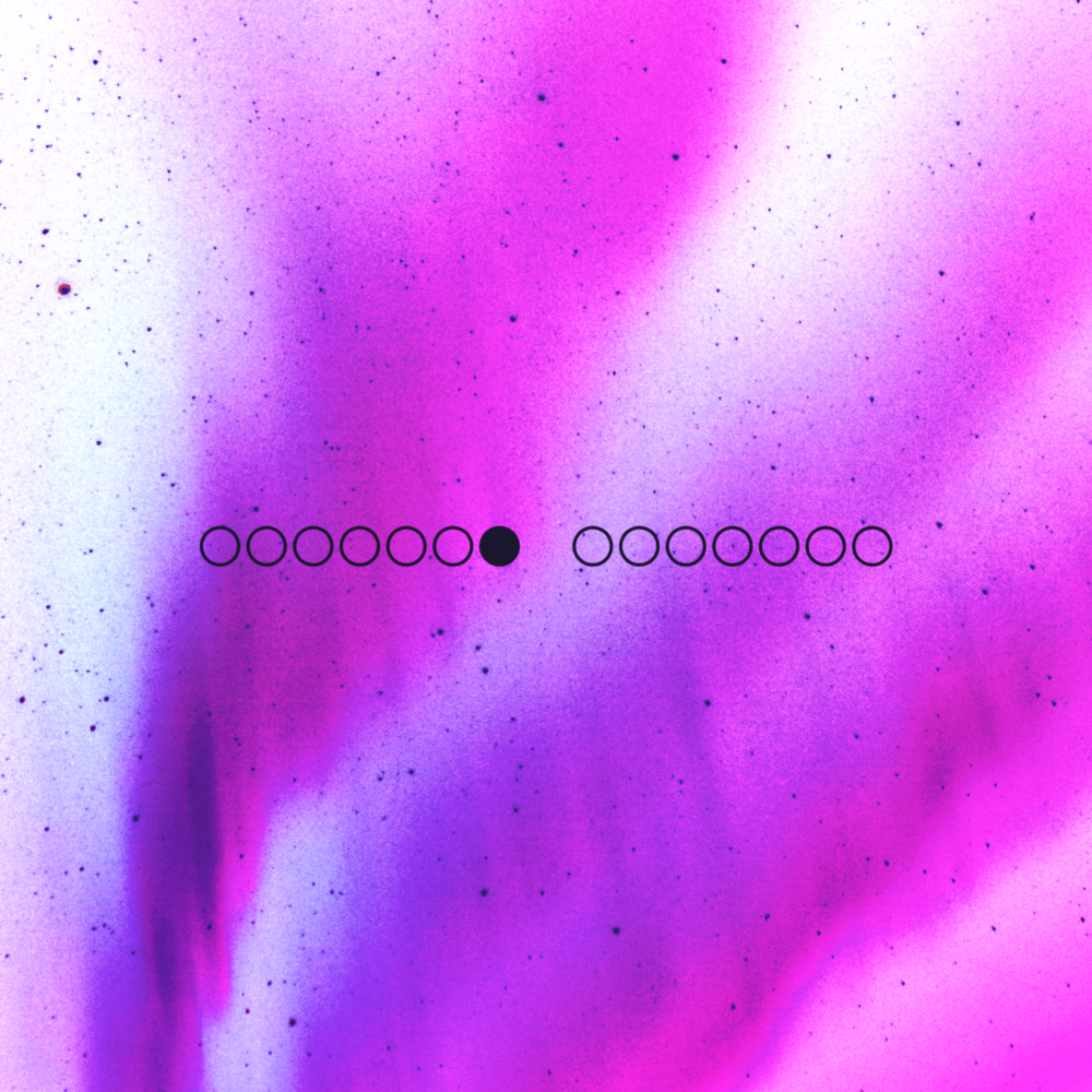 A white sky with purple auroras. There are fourteen black circles in the foreground.