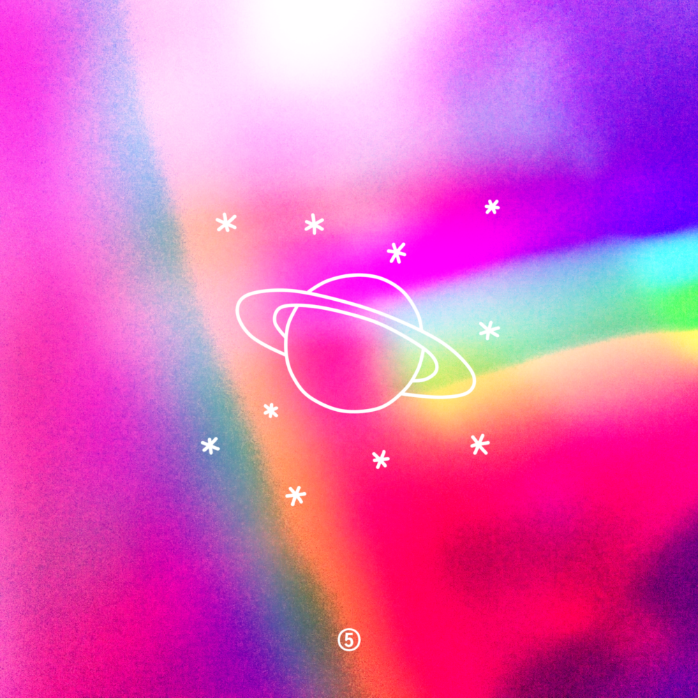 An abstract pink and red background, with a doodle of a ringed planet and sparkles.