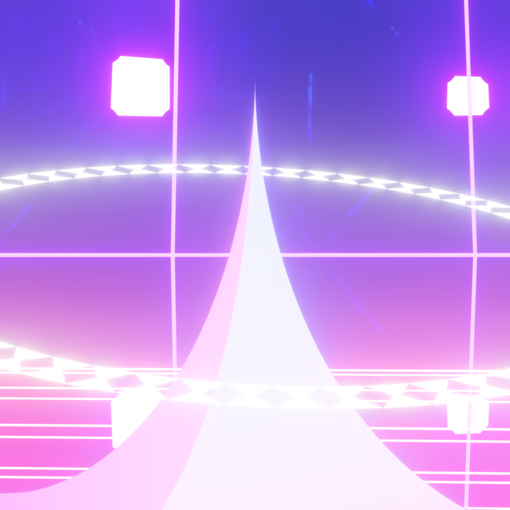 A curved white structure is surrounded by glowing white shapes.