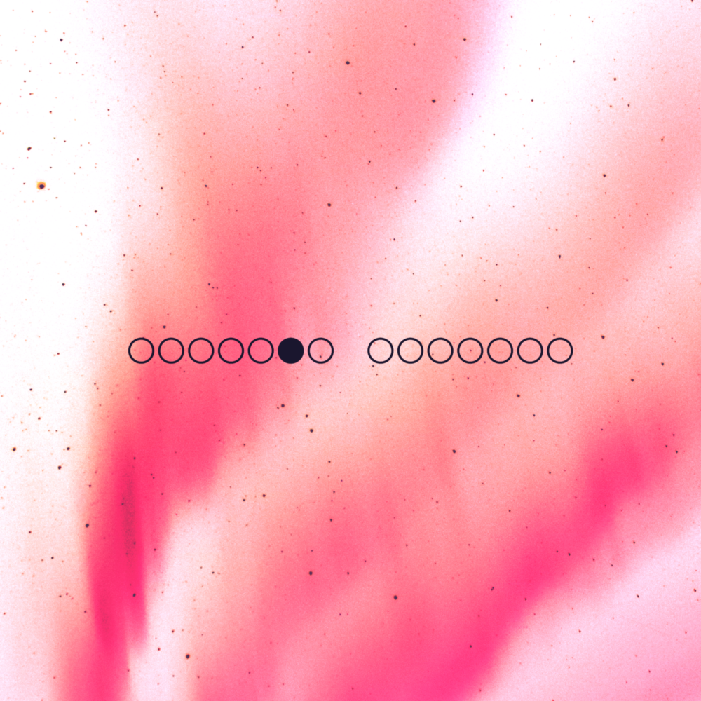 A white sky with coral red auroras. There are fourteen black circles in the foreground.