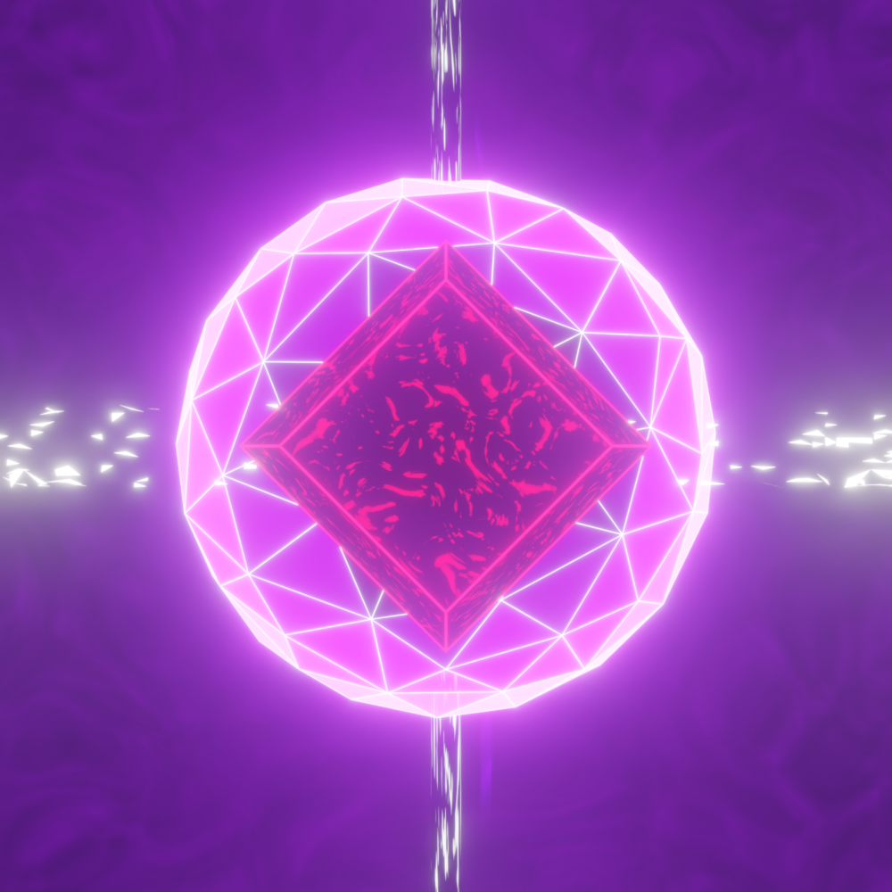 A black and red diamond floats in front of a magenta ball, with jets of white material coming out in four directions.