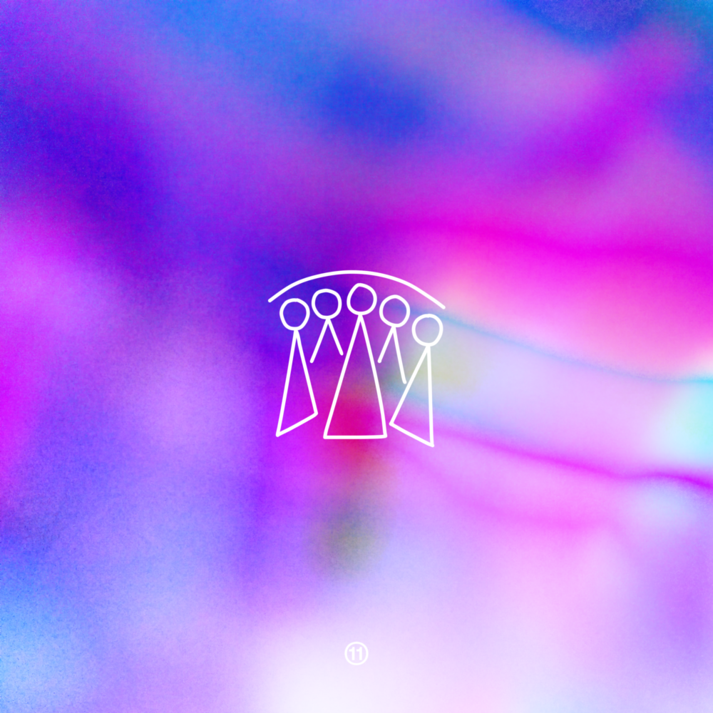 An abstract purple background, with a doodle of five abstracted silhouettes standing beneath a curve.