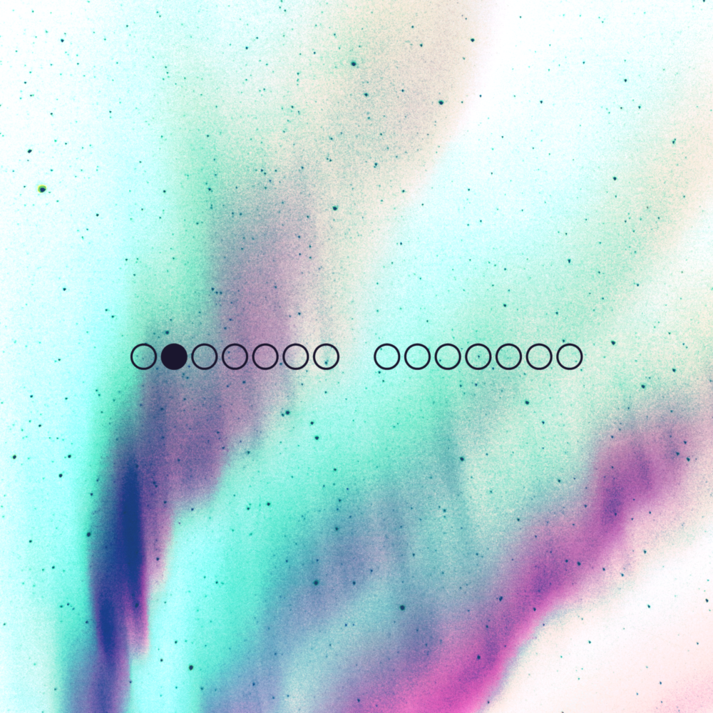 A white sky with mint green auroras. There are fourteen black circles in the foreground.