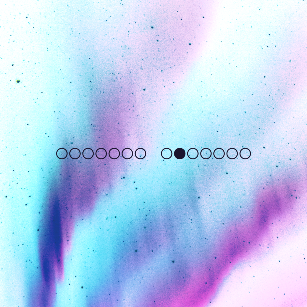 A white sky with blue auroras. There are fourteen black circles in the foreground.