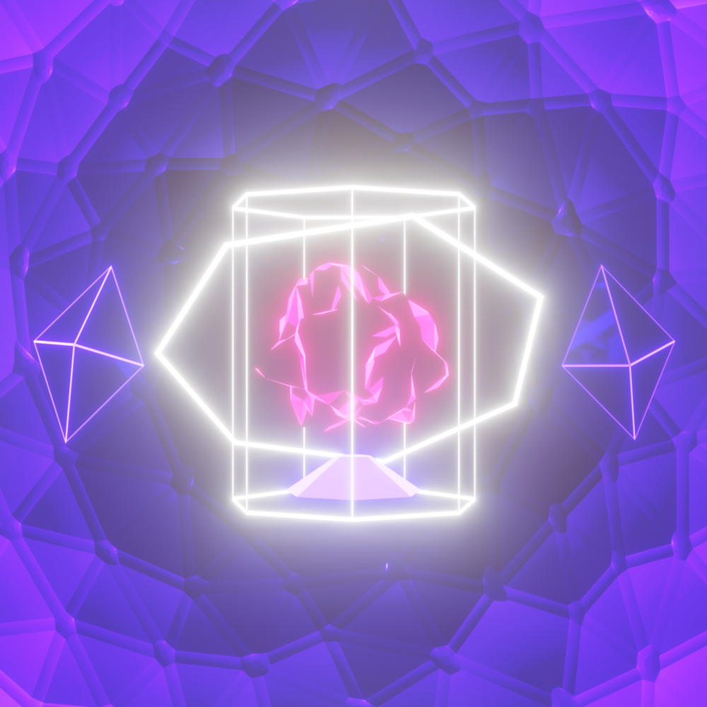 A lumpy pink blob is encased in a glowing white prism, flanked on either side by purple octahedra.