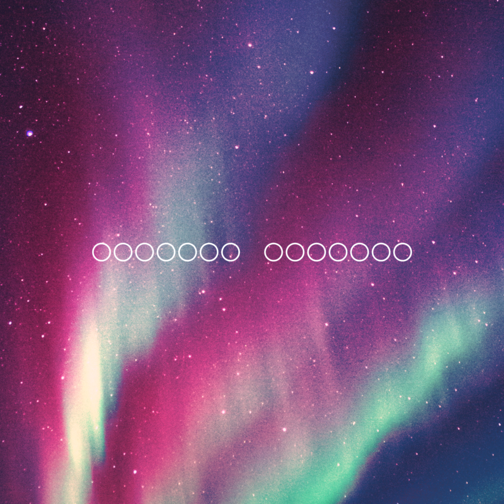 A deep purple sky with mint green auroras. There are fourteen white circles in the foreground.