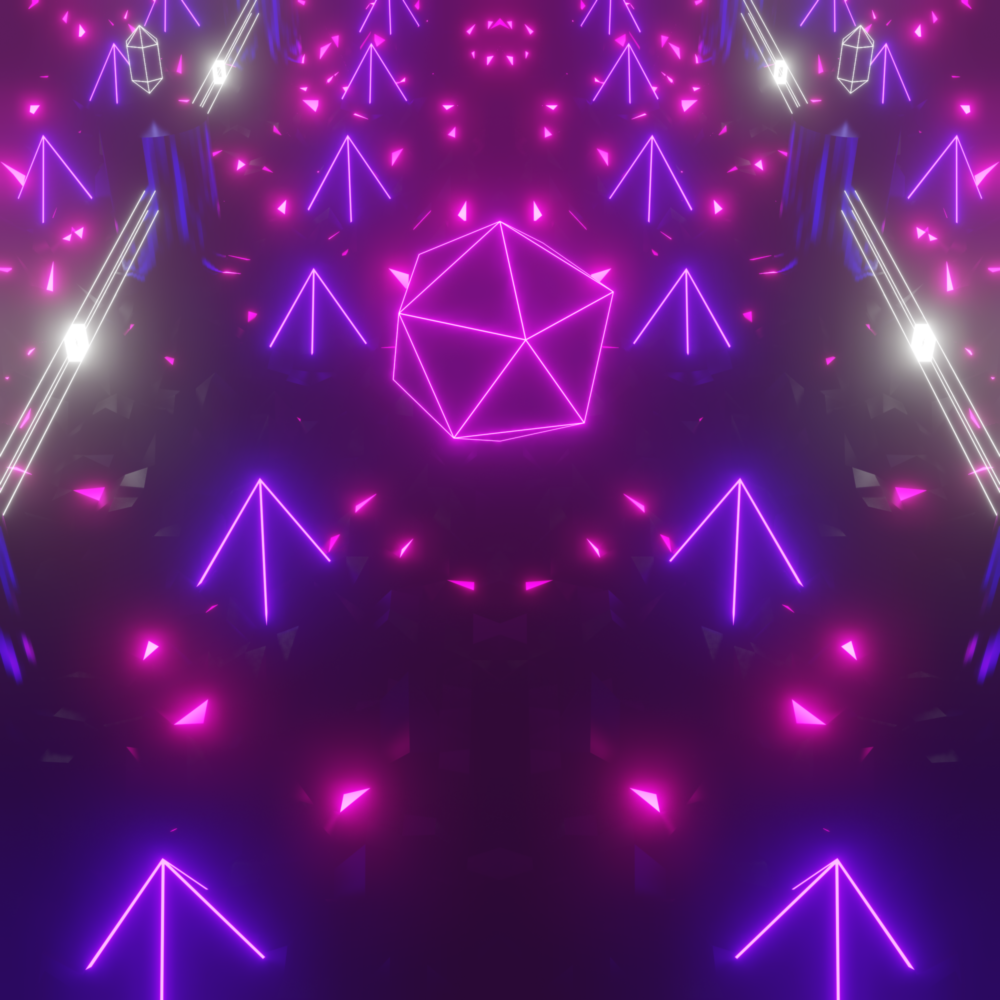 A floating magenta icosahedron in a landscape of purple, pink, and white polyhedra.