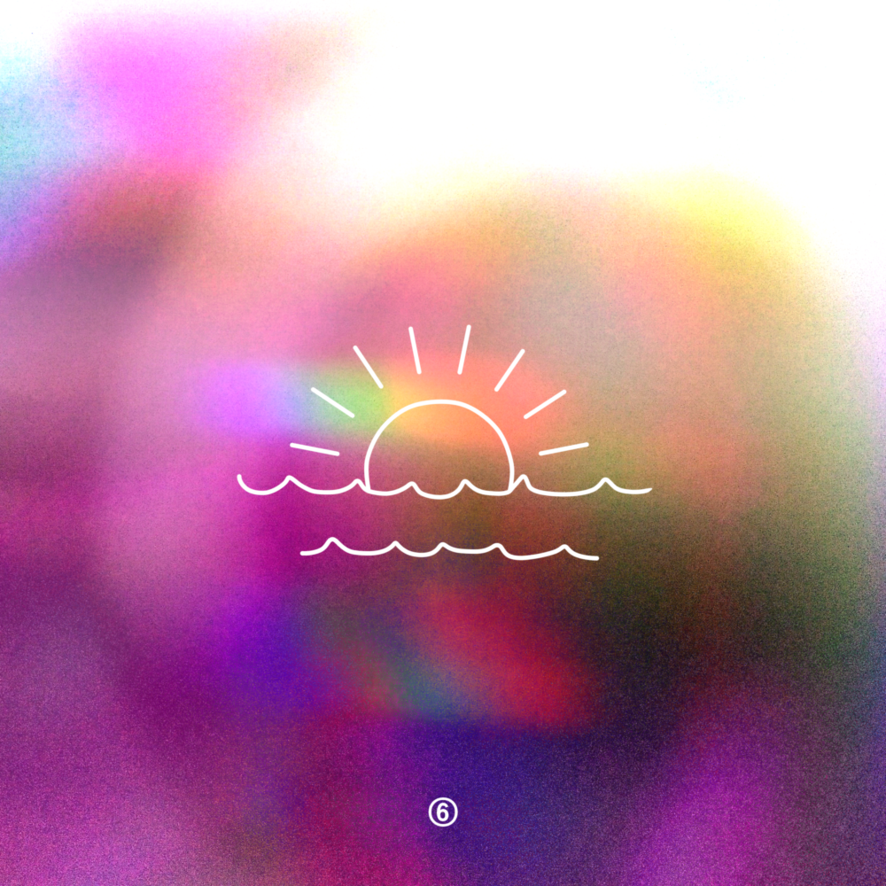 An abstract pink and brown background, with a doodle of a sunrise over a lake.