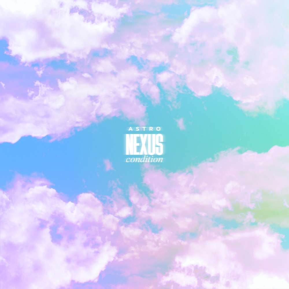 A blue-green sky with lavender clouds on top and bottom.