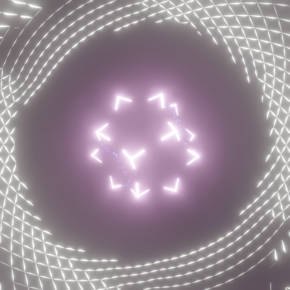 A glowing white polyhedron with a pink bloom floats in front of a shiny wall.