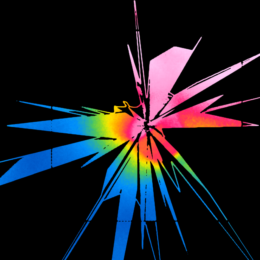 Two-tone abstract artwork of a spiky three-dimensional shape which intersects itself. It is filled with a bright tie-dye gradient of all colors of the rainbow. The background is completely black.