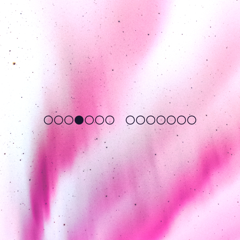 A white sky with pink auroras. There are fourteen black circles in the foreground.