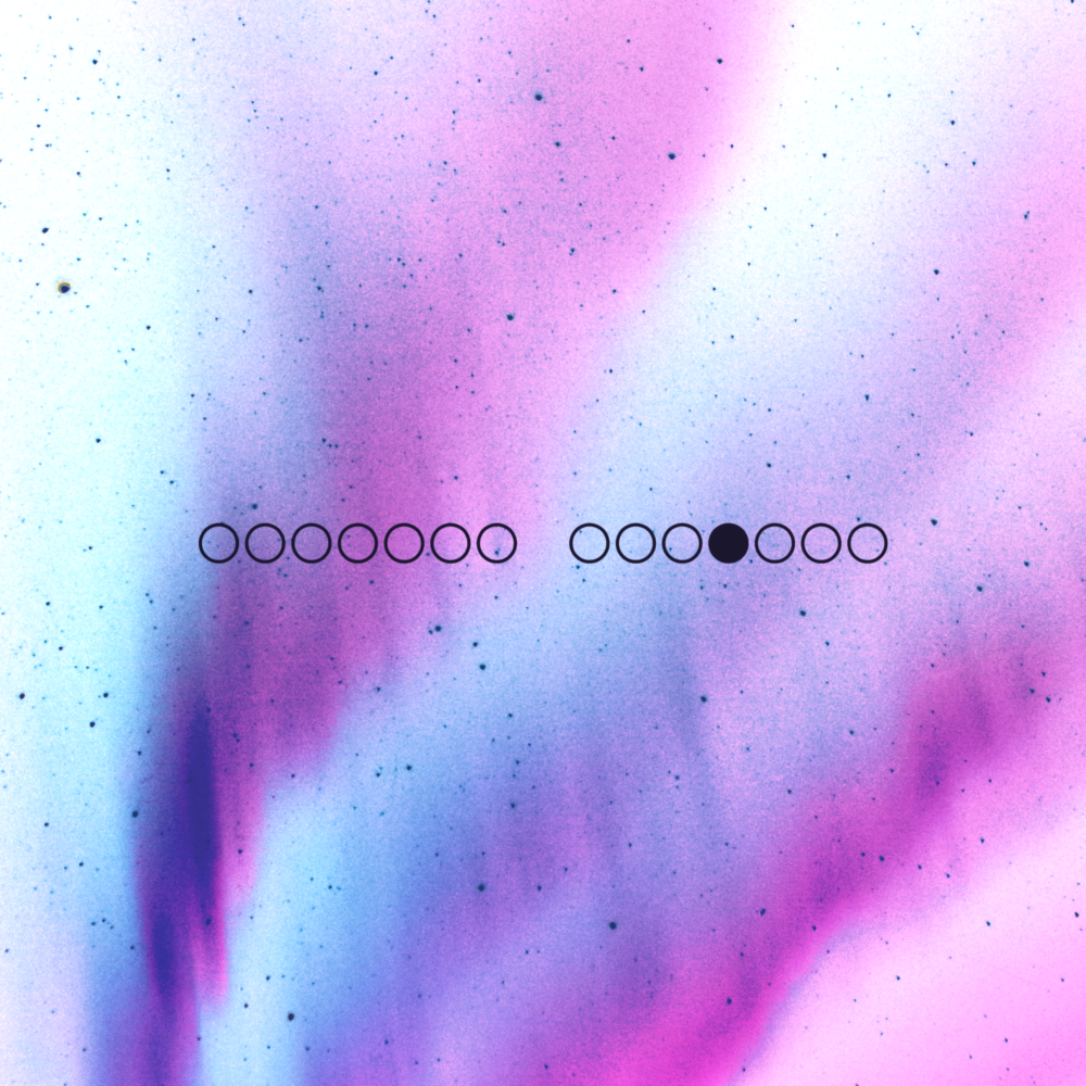 A white sky with blue and purple auroras. There are fourteen black circles in the foreground.