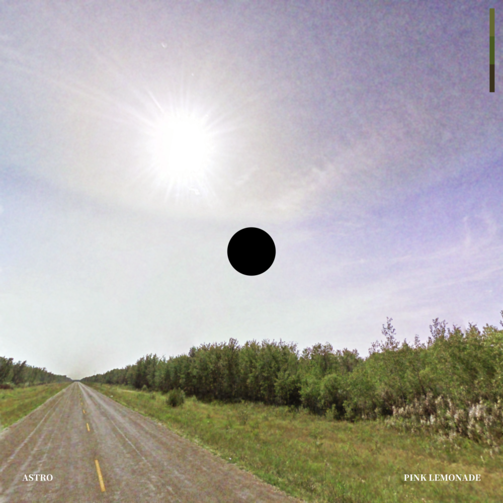 A grainy photograph looking down an endless two-lane road, surrounded by small trees on either side. A graphic of a full moon is in the center.