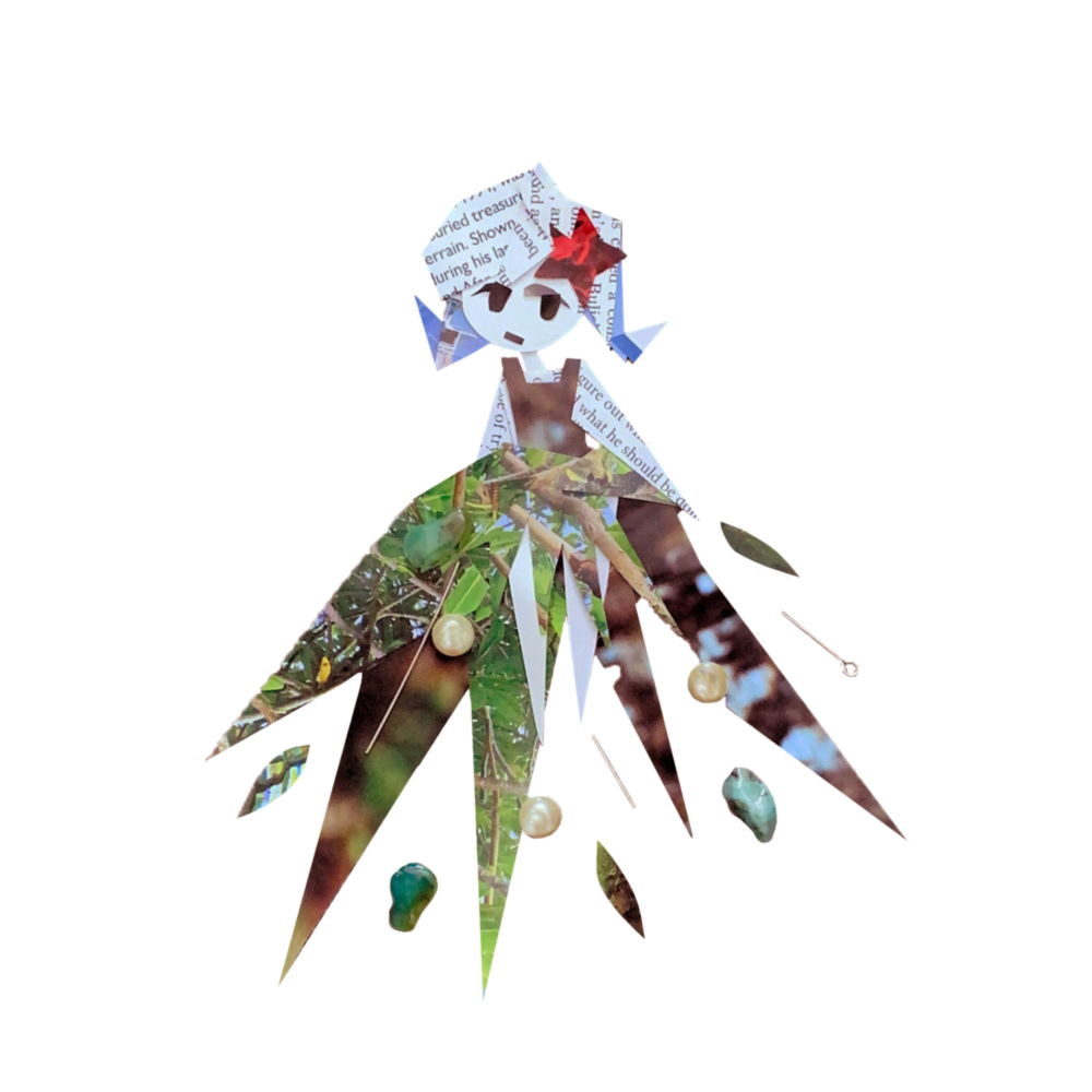 An abstract illustration of a person made from magazine clippings and small rocks. She wears a neutral expression on her face and a red star in her hair.