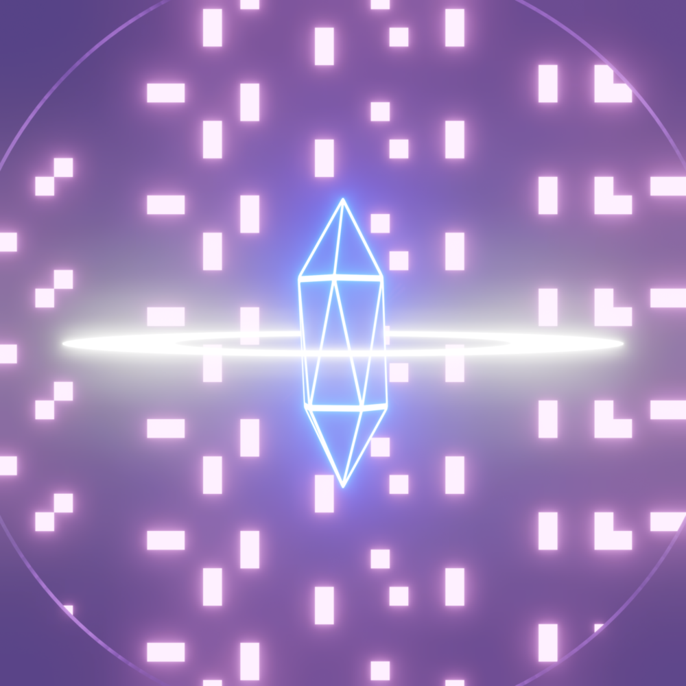 A blue crystal, surrounded by a white circle, floats in front of a glowing grid of squares.