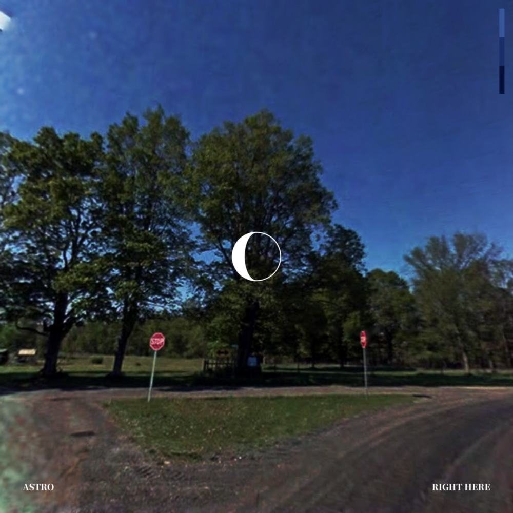 A grainy photograph at a three-way intersection with stop signs in a park. A graphic of a waning crescent moon is in the center.