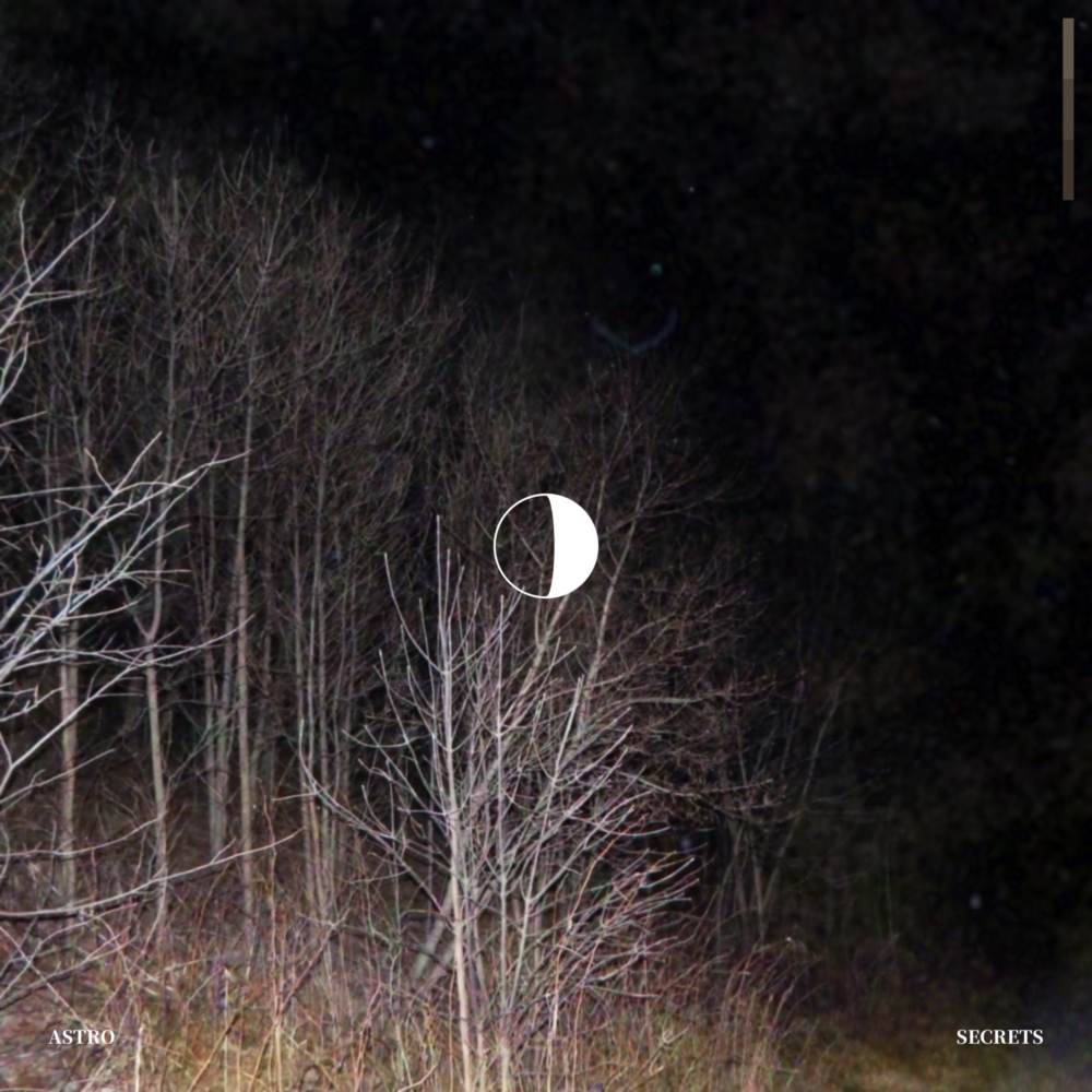 A grainy photograph of trees without leaves at night, lit up by the camera’s flash. A graphic of a waxing crescent moon is in the center.