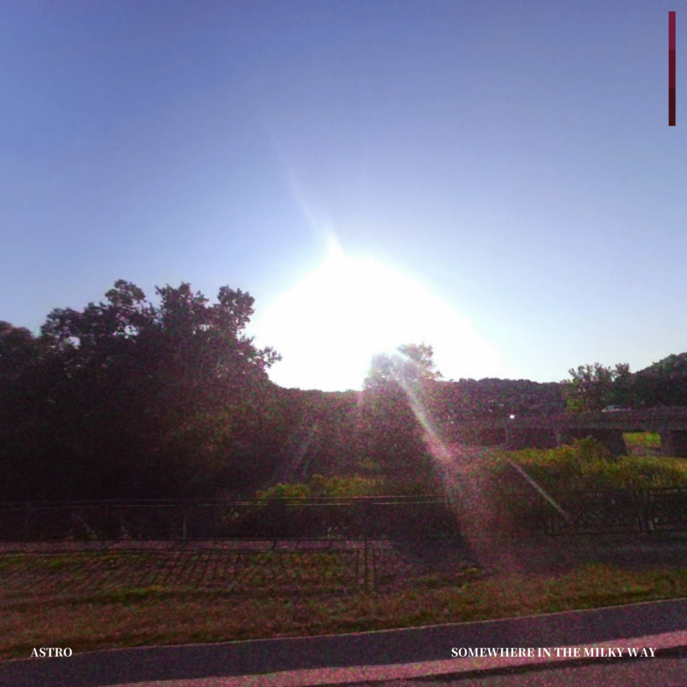 A grainy photograph overlooking a bridge and some trees, with the camera pointed straight at the sun.