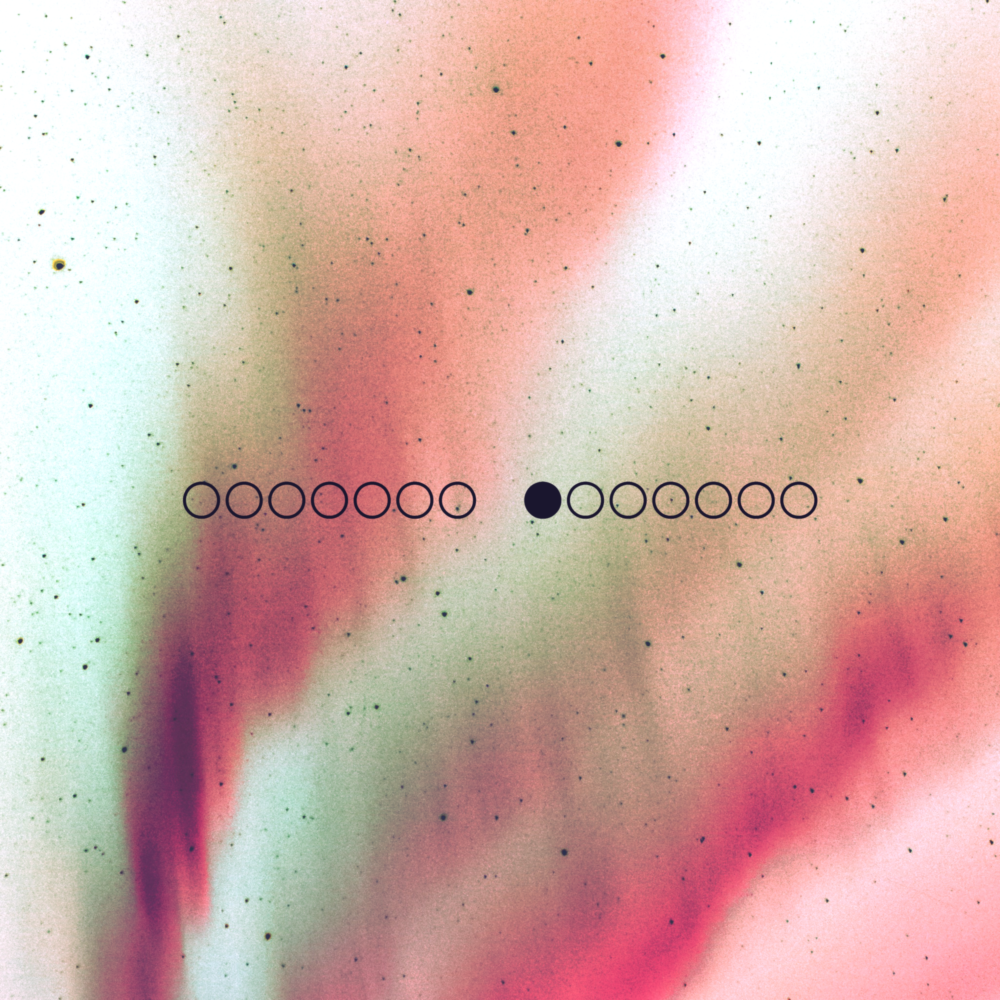 A white sky with desaturated orange auroras. There are fourteen black circles in the foreground.